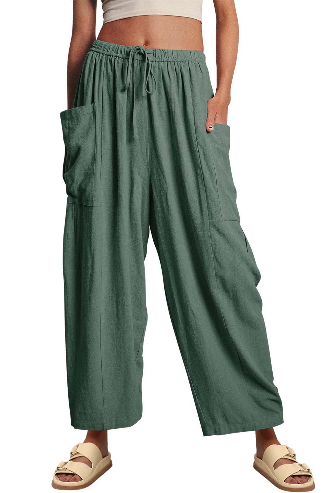 Color Drawstring Pocket Wide Leg Pants