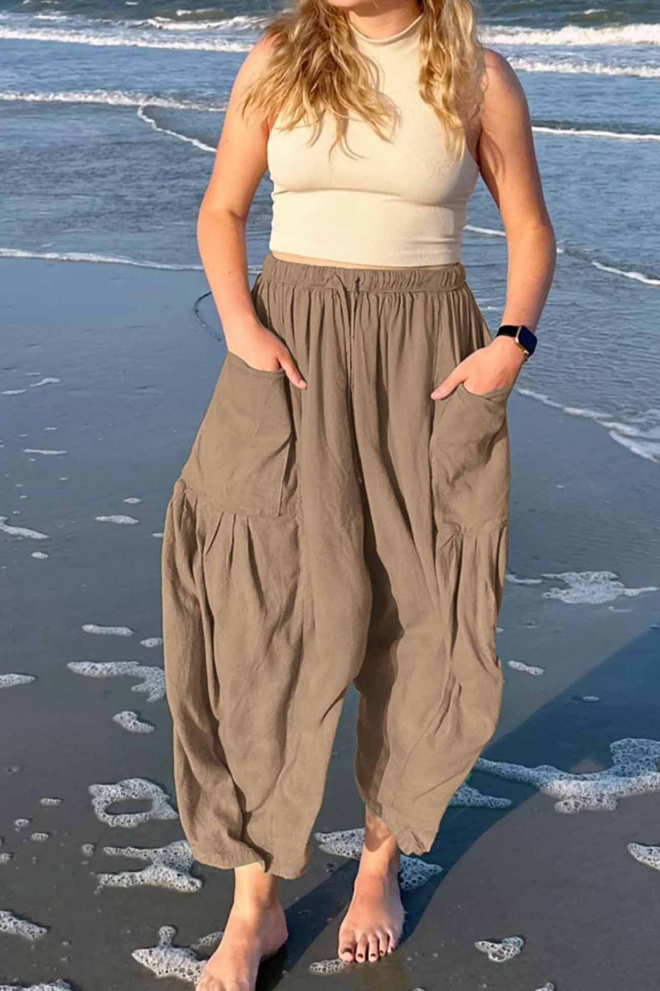 Color Drawstring Pocket Wide Leg Pants