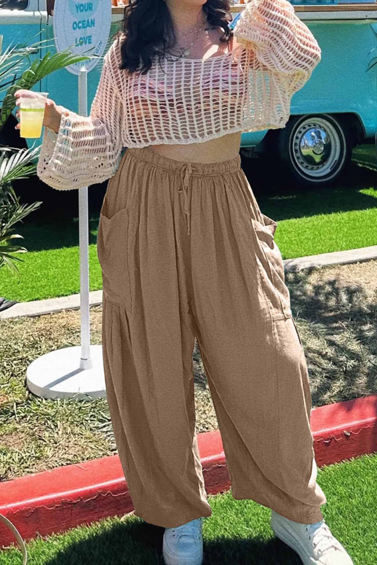 Color Drawstring Pocket Wide Leg Pants