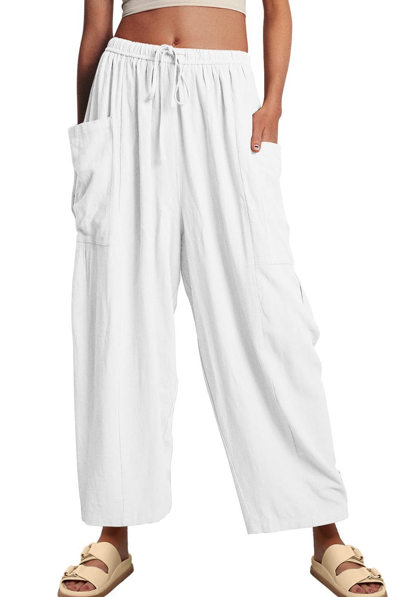 Color Drawstring Pocket Wide Leg Pants