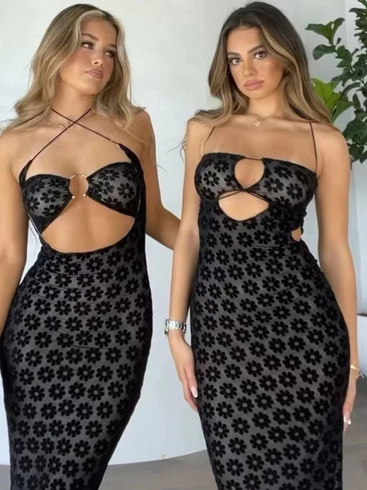 Hanging Neck Maxi Hollow Perspective Bag Hips Midi Dresses