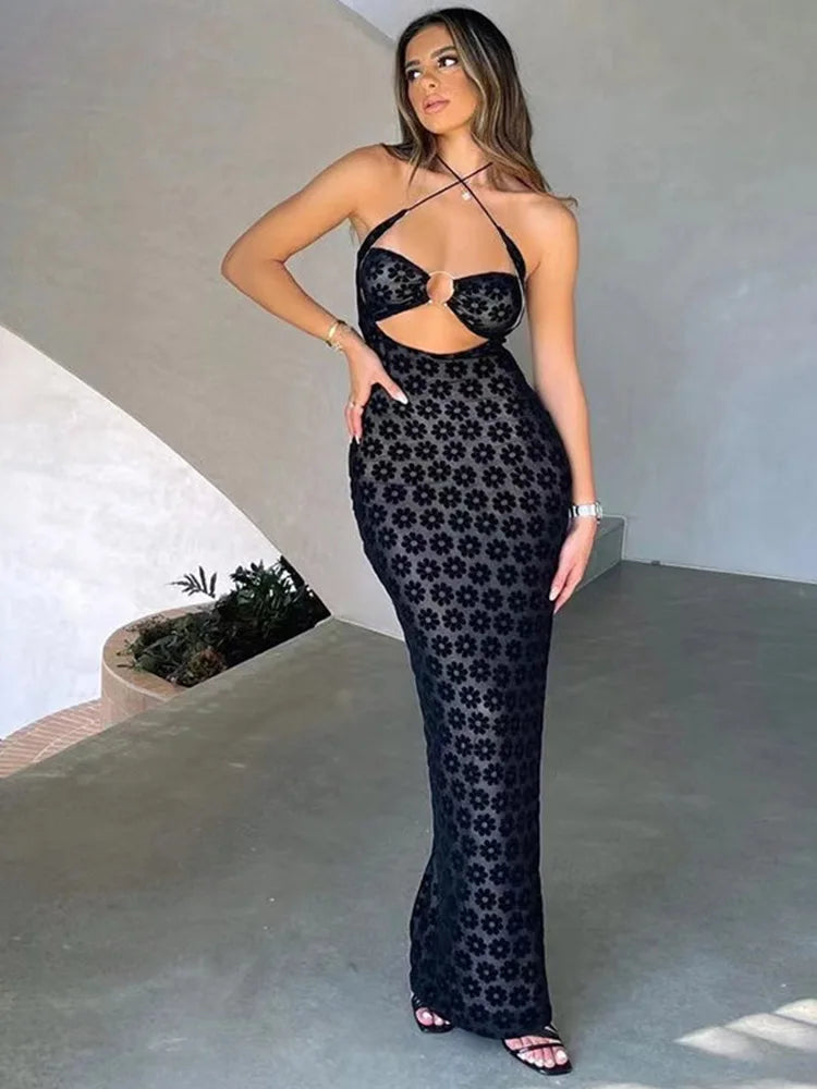 Color Hanging Neck Hollow Perspective Bag Hips Midi Dresses