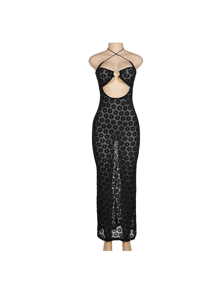 Color Hanging Neck Hollow Perspective Bag Hips Midi Dresses