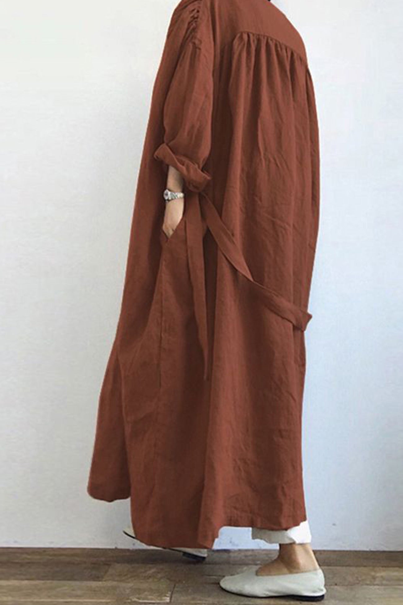Color Pocketed Long Trench Coat