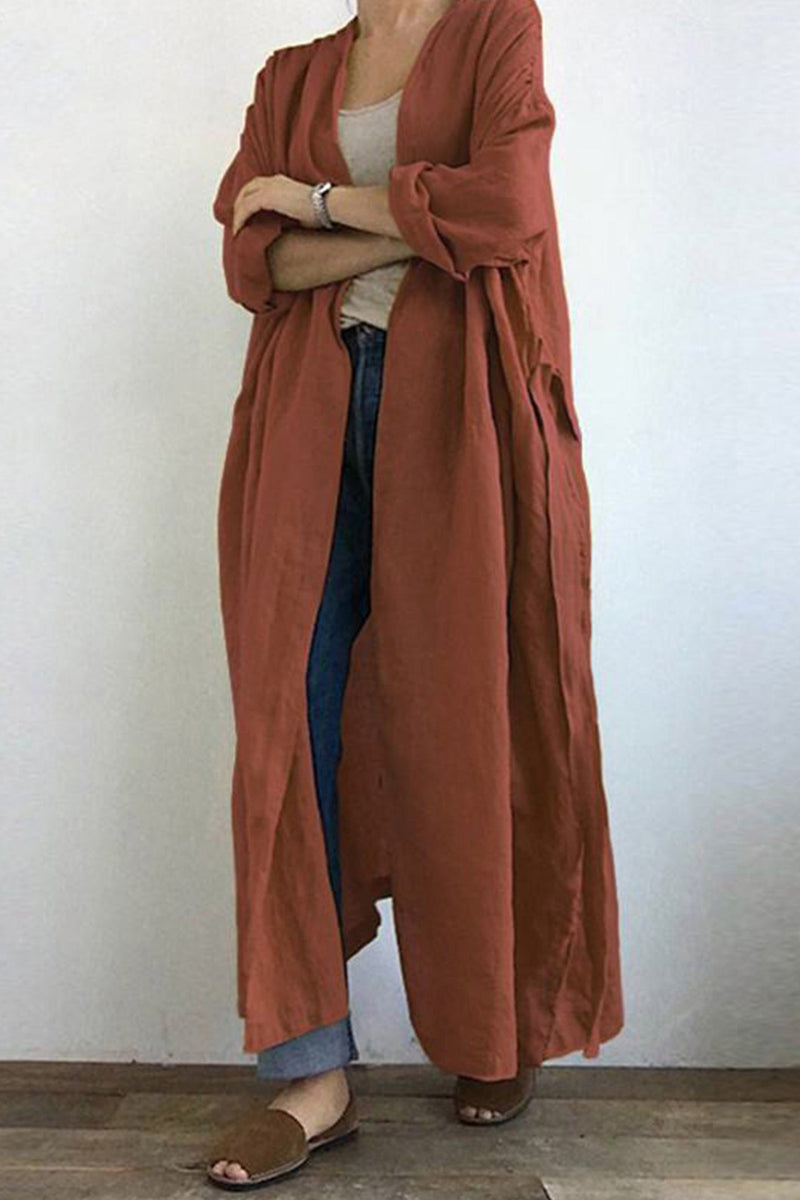 Color Pocketed Long Trench Coat