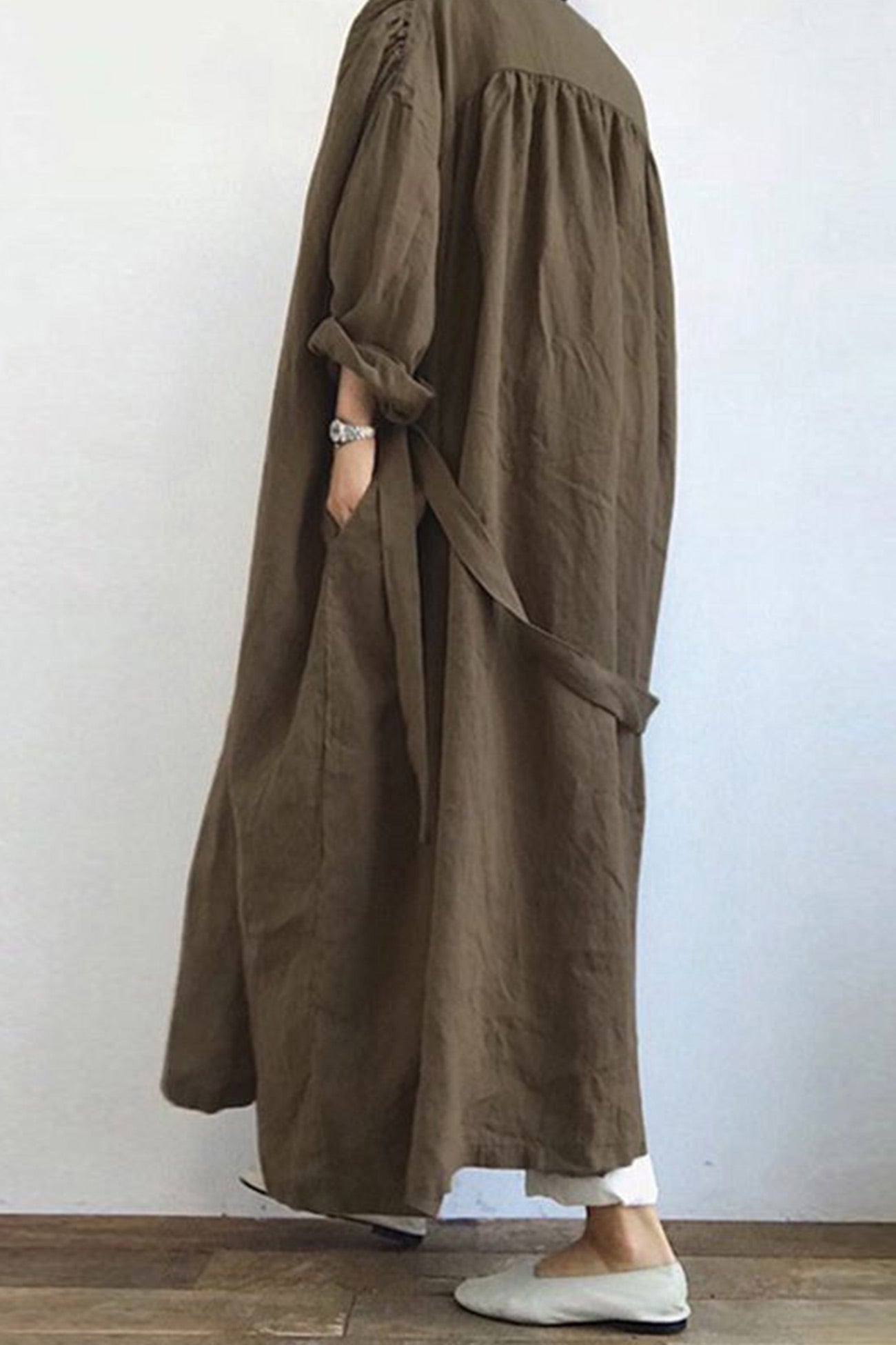 Color Pocketed Long Trench Coat