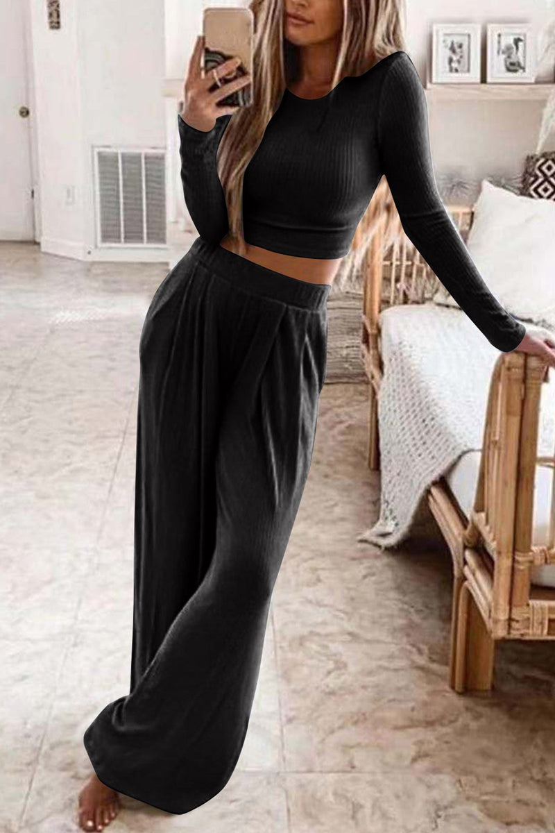 Color Ribbed Crop Top Long Pants Set