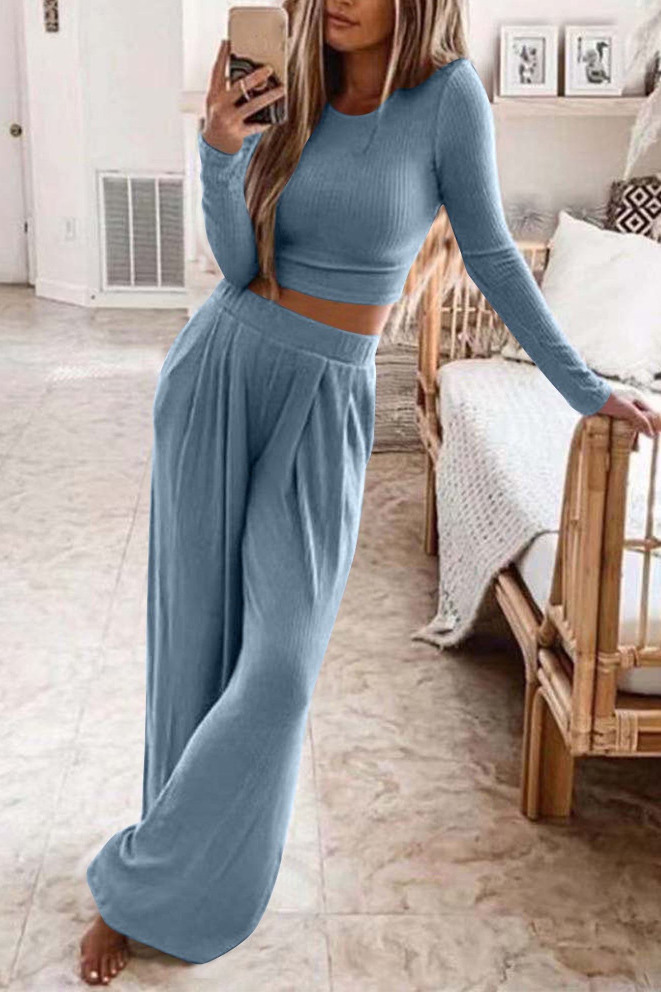 Color Ribbed Crop Top Long Pants Set