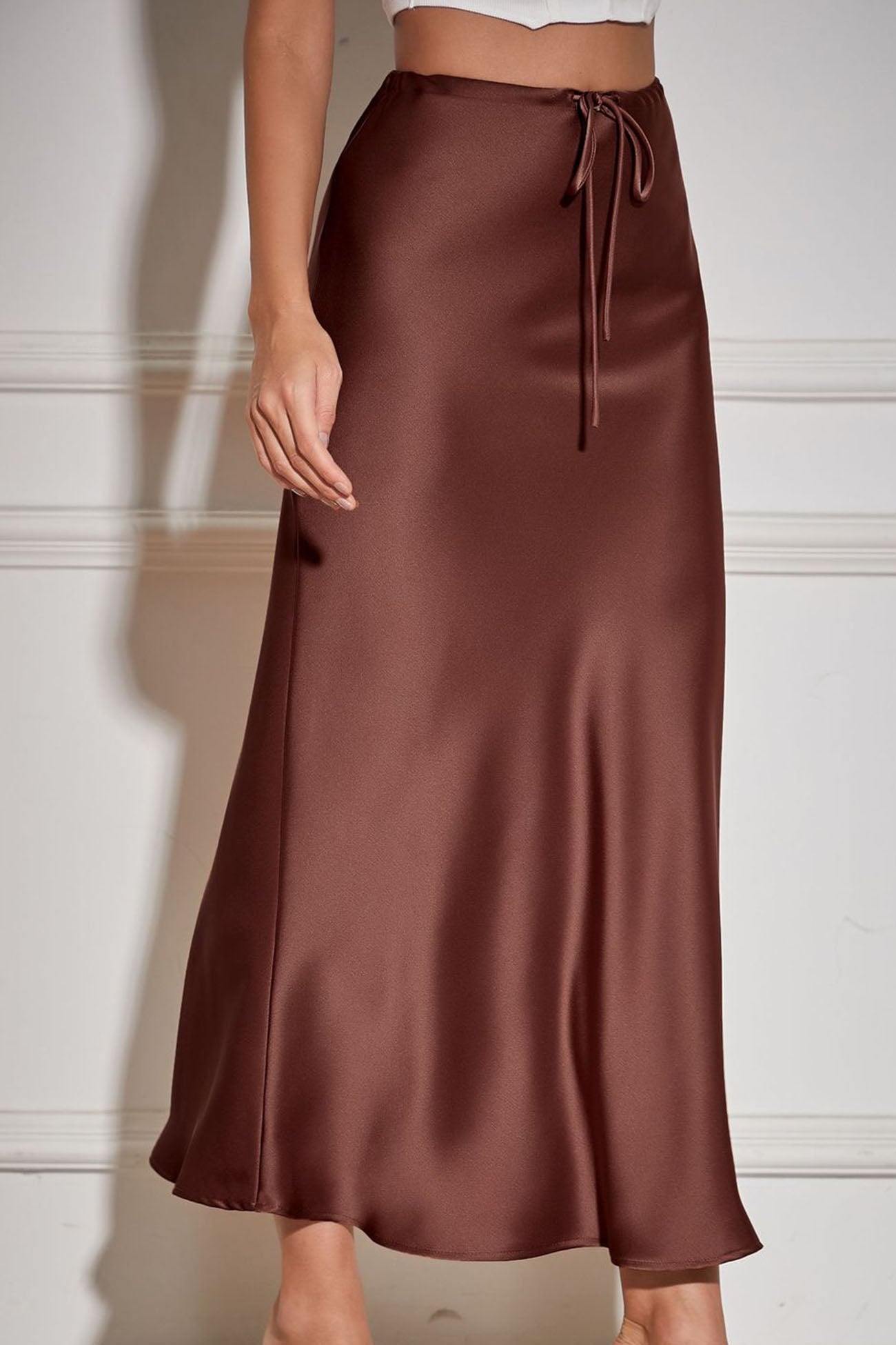 Color Satin Drawstring Midi Skirt
