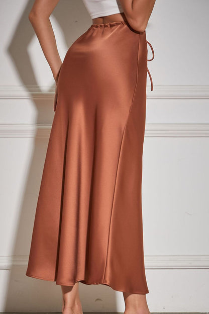 Color Satin Drawstring Midi Skirt