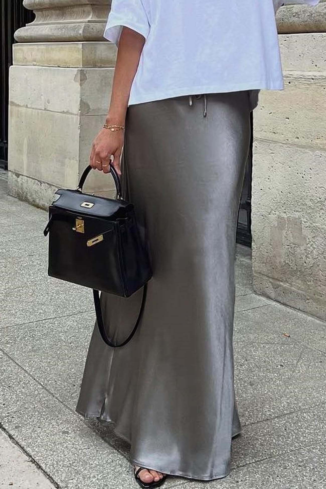 Color Satin Drawstring Midi Skirt