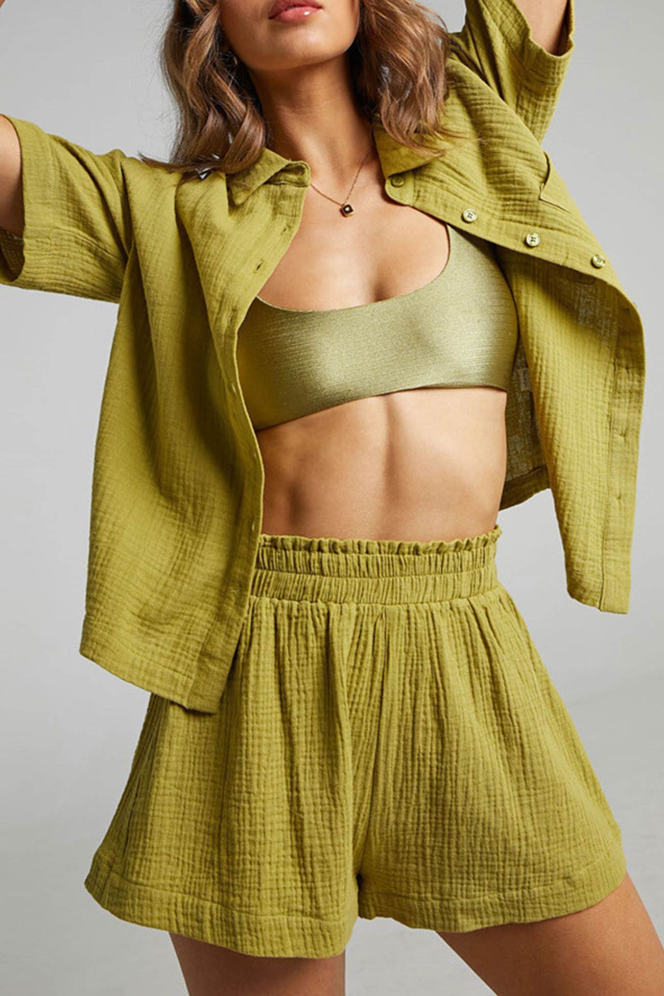 Color Short Sleeve Shirt Cotton Two-piece Shorts Set