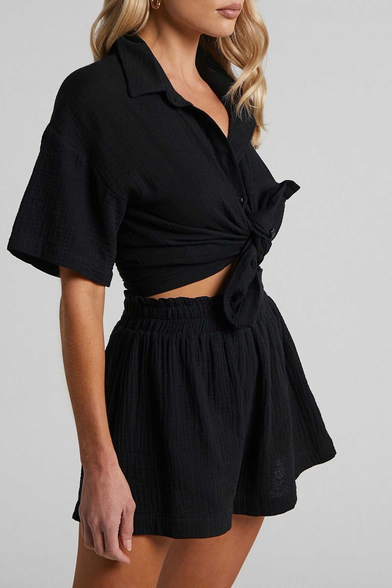 Color Short Sleeve Shirt Cotton Two-piece Shorts Set
