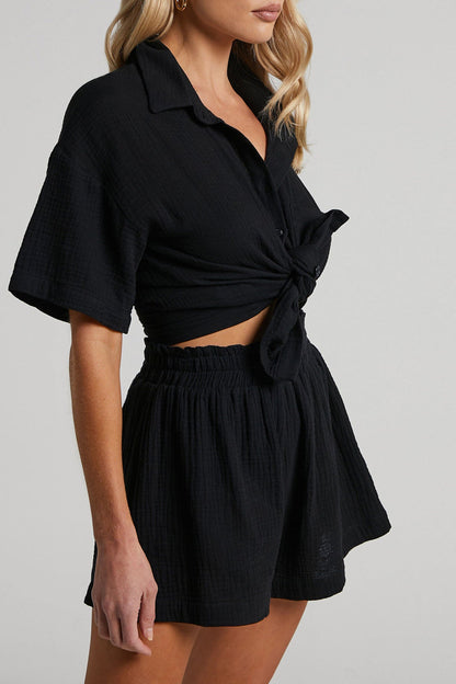 Color Short Sleeve Shirt Cotton Two-piece Shorts Set