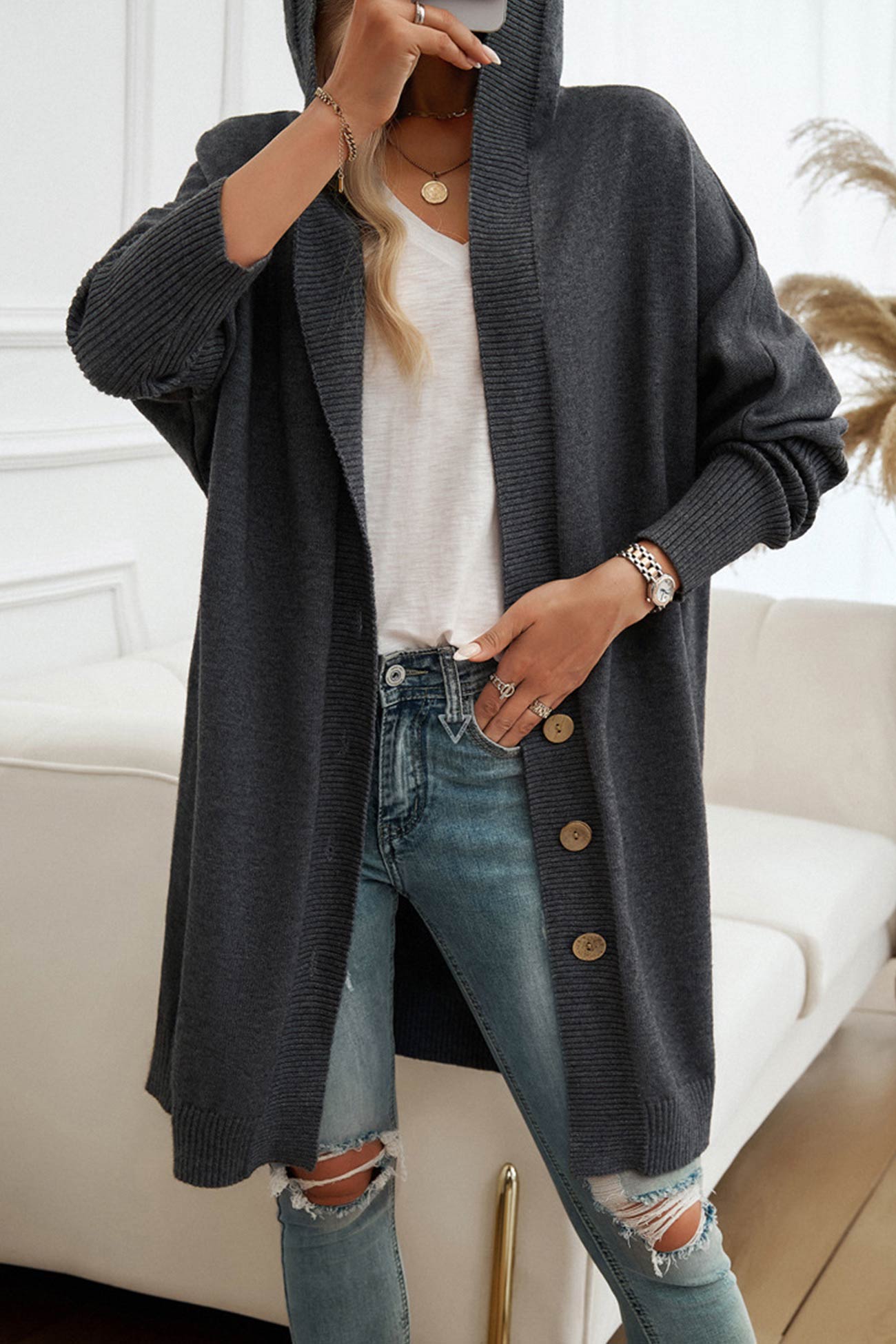 Color Single-breasted Hooded Cardigan