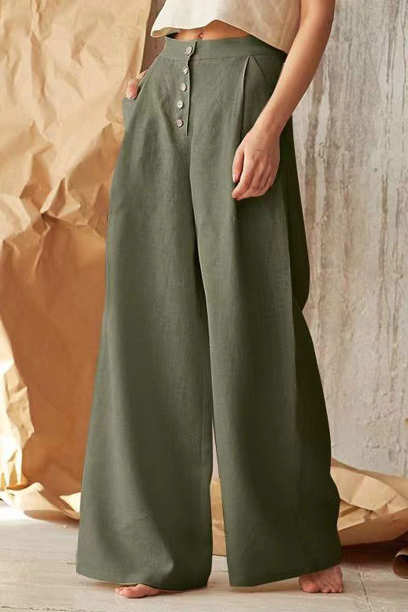 Color Single-breasted Wide Leg Long Pants
