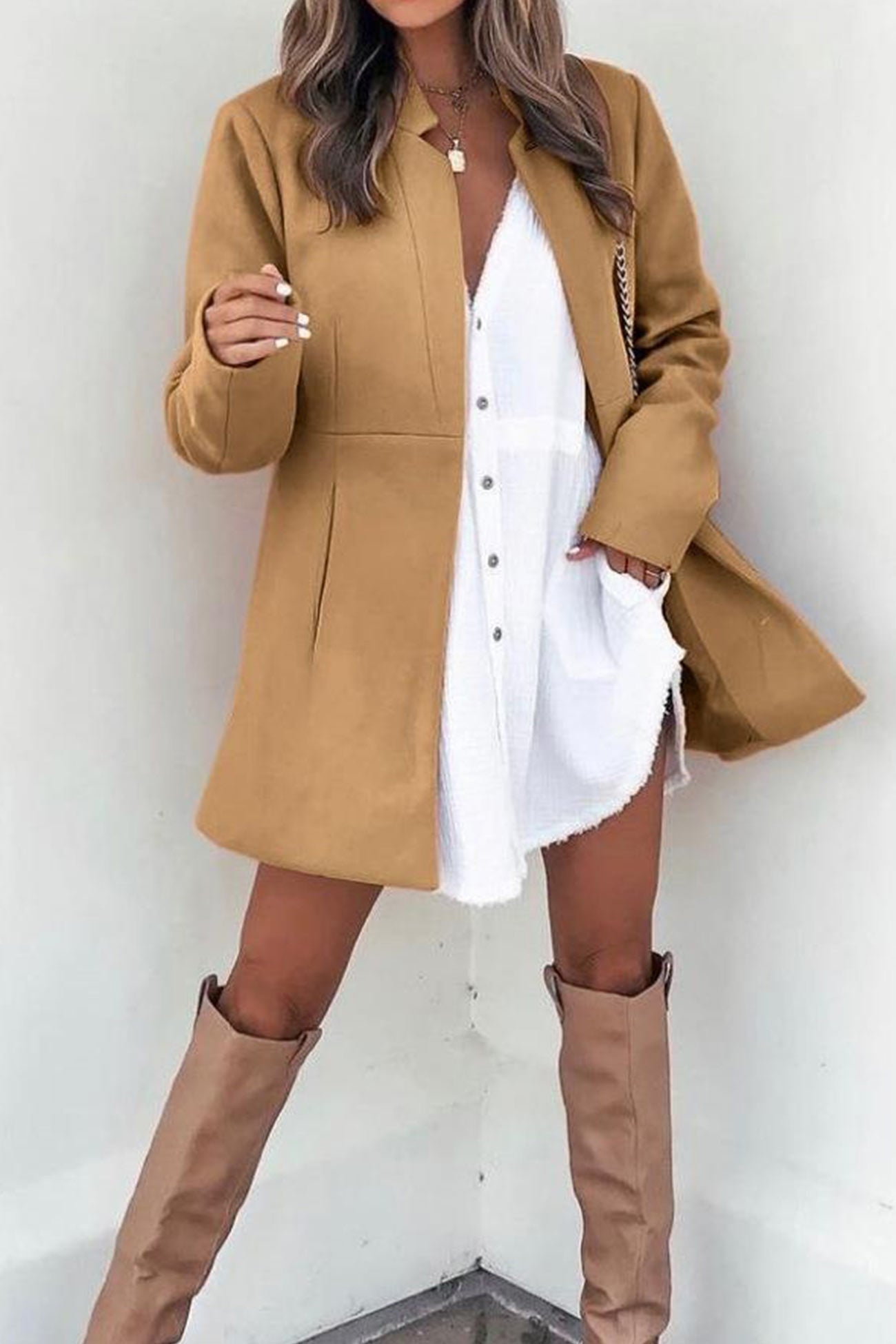 Color Stand Neck Mid-length Plush Coat