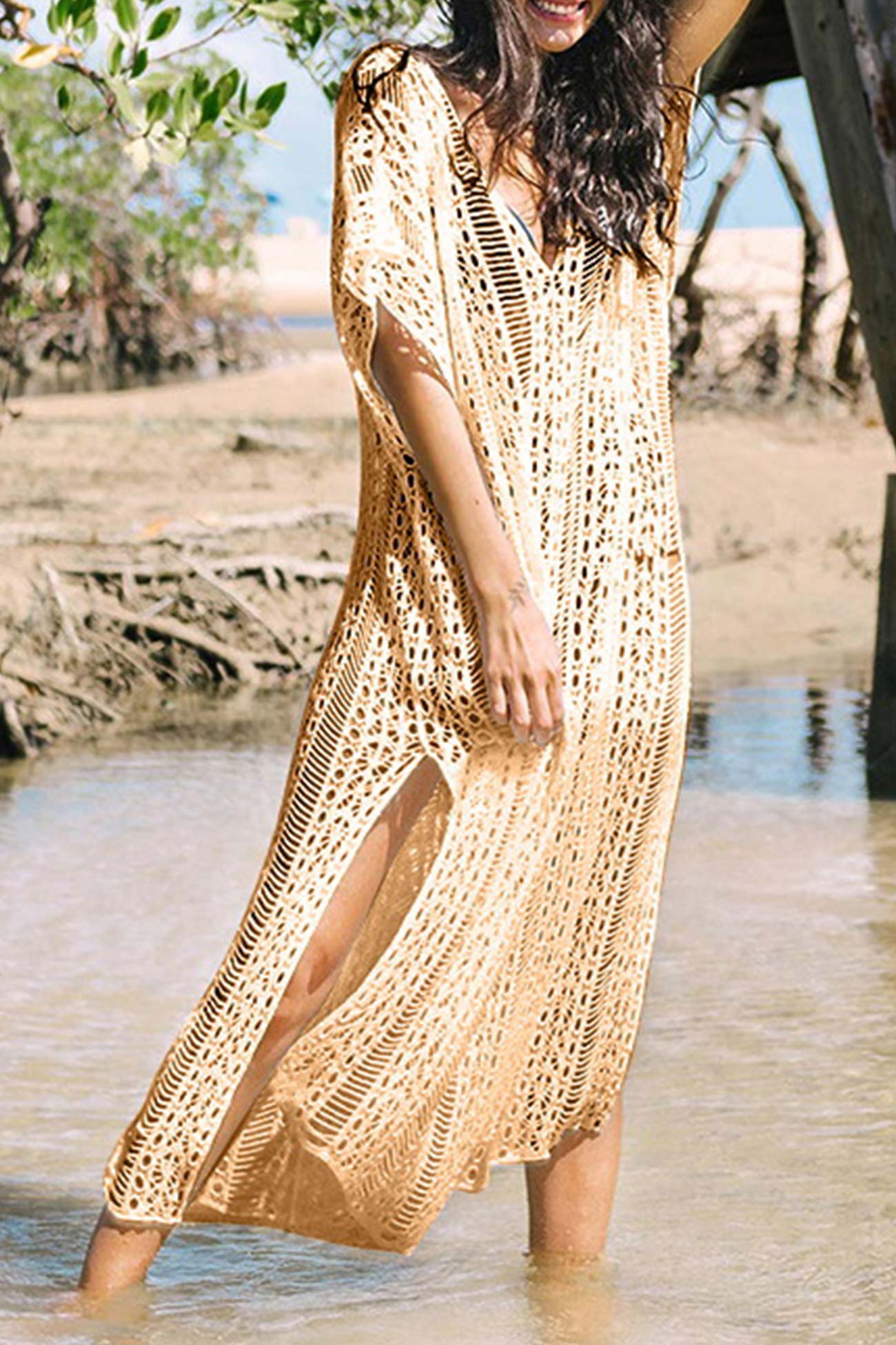 Color V Neck Hollow Out Cover-up Dress