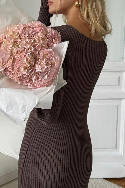 Color V Neck Knitted Bodycon Maxi Dress
