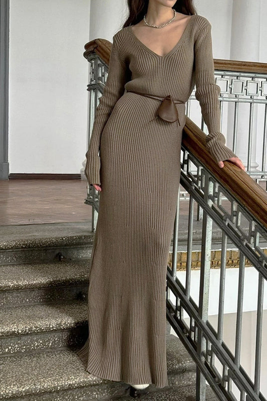 Color V Neck Knitted Bodycon Maxi Dress