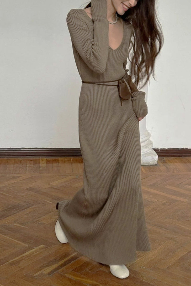 Color V Neck Knitted Bodycon Maxi Dress