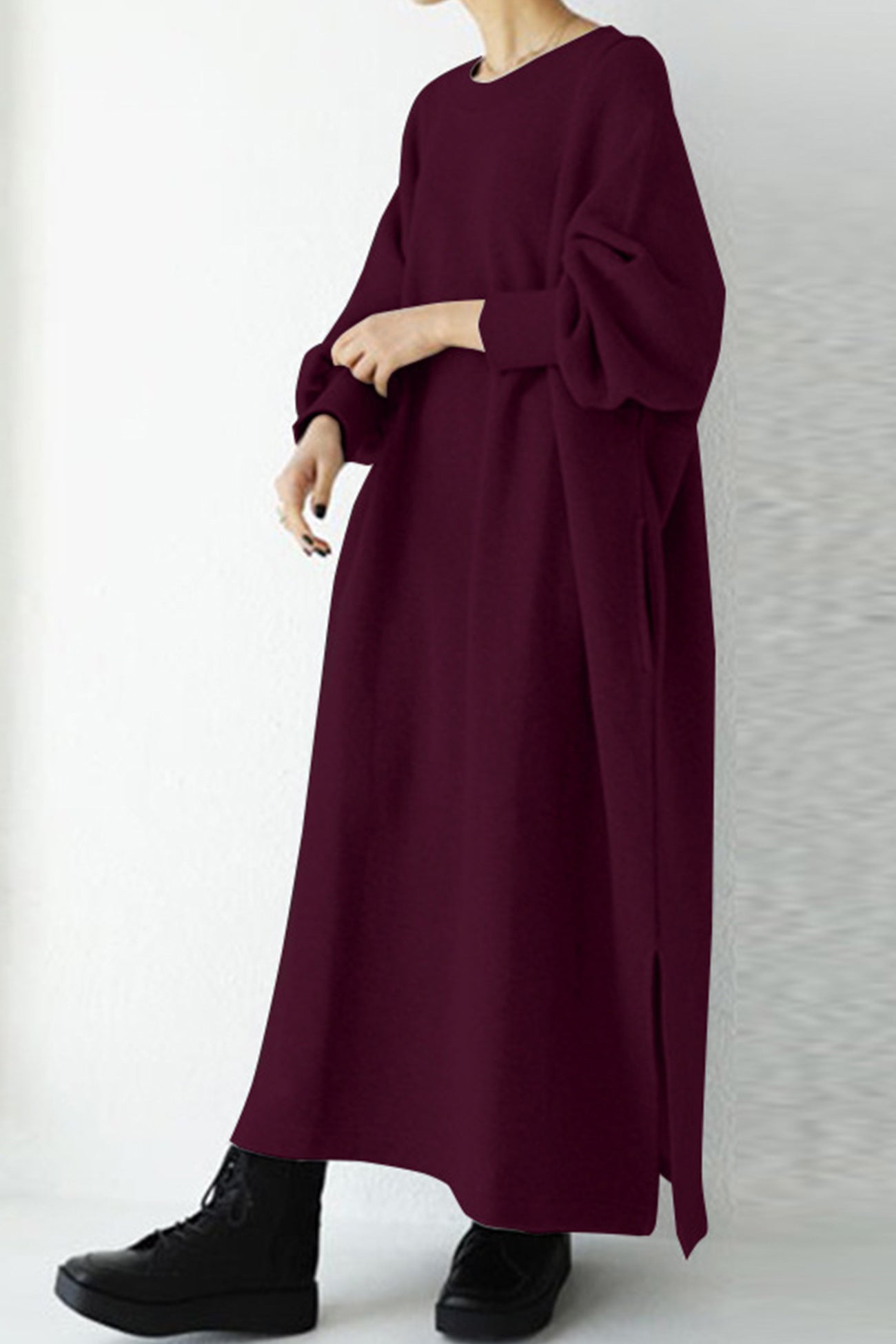 Crew Neck Slit Sweatshirt Dress