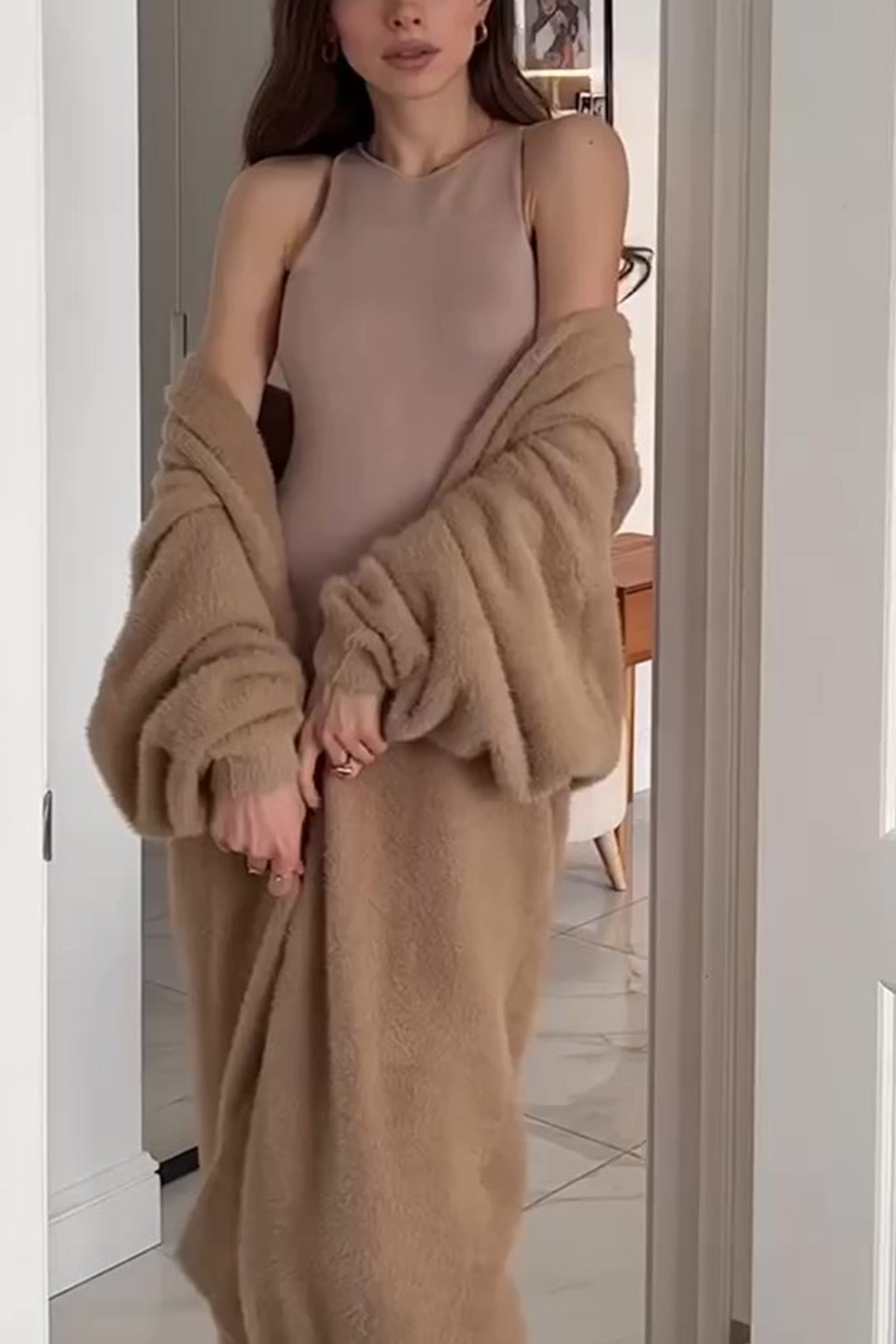Imitation Mink Tie-up Long Cardigan