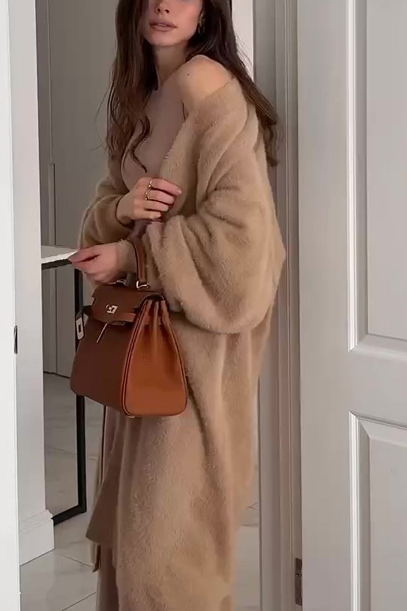 Imitation Mink Tie-up Long Cardigan