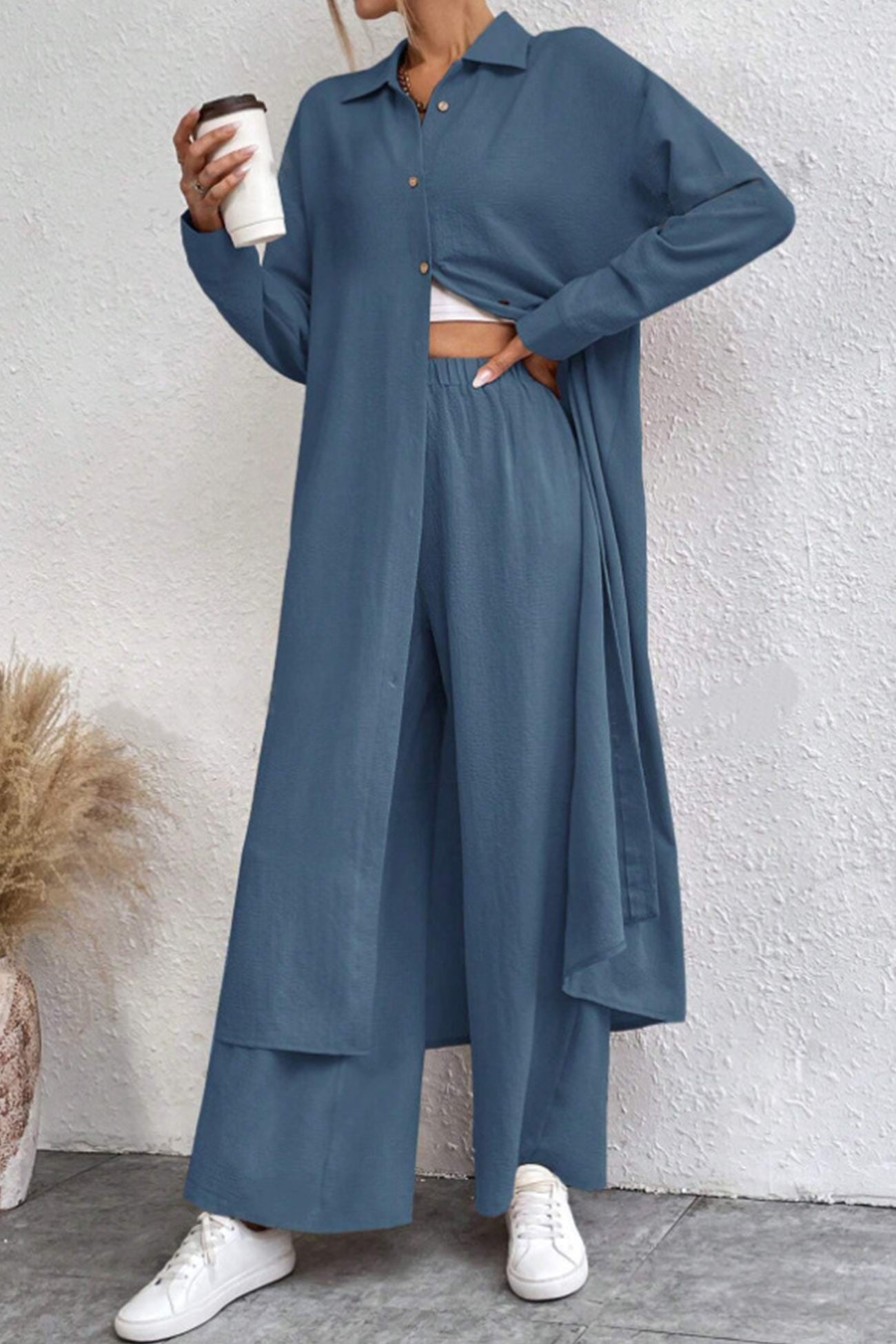 Long Shirt Wide Leg Pants Set