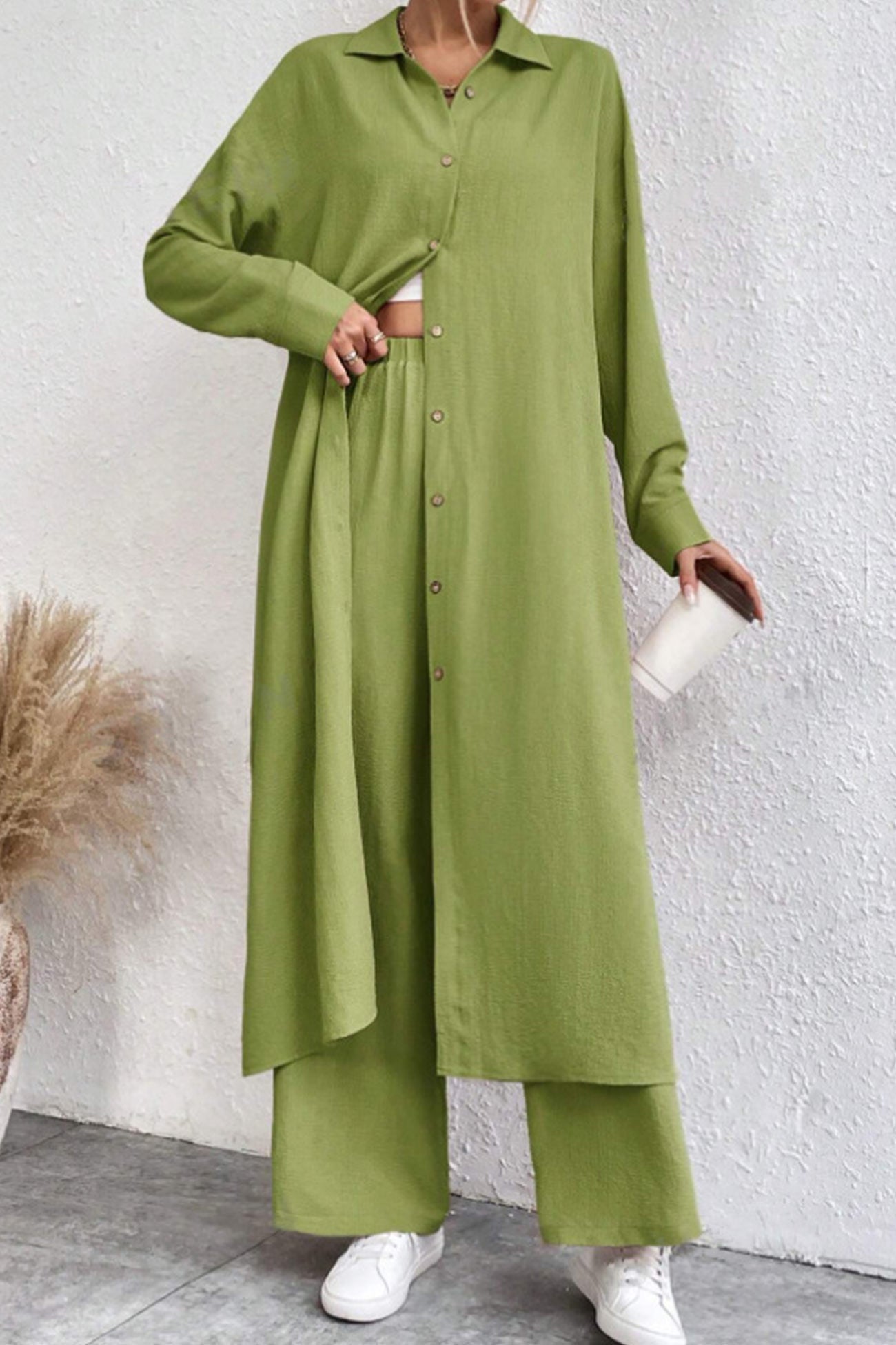 Long Shirt Wide Leg Pants Set