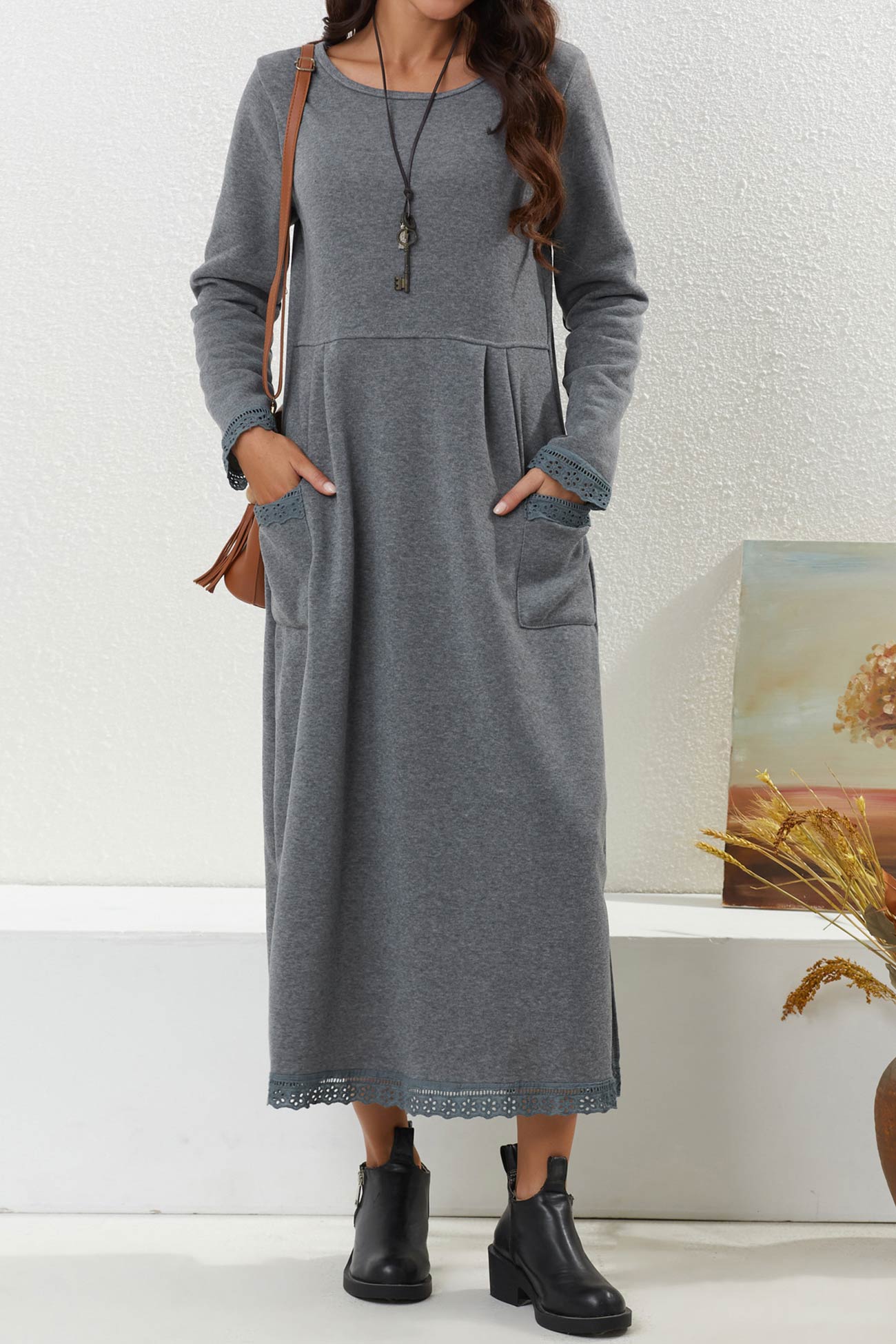 Pocketed Lacework Hem Dress