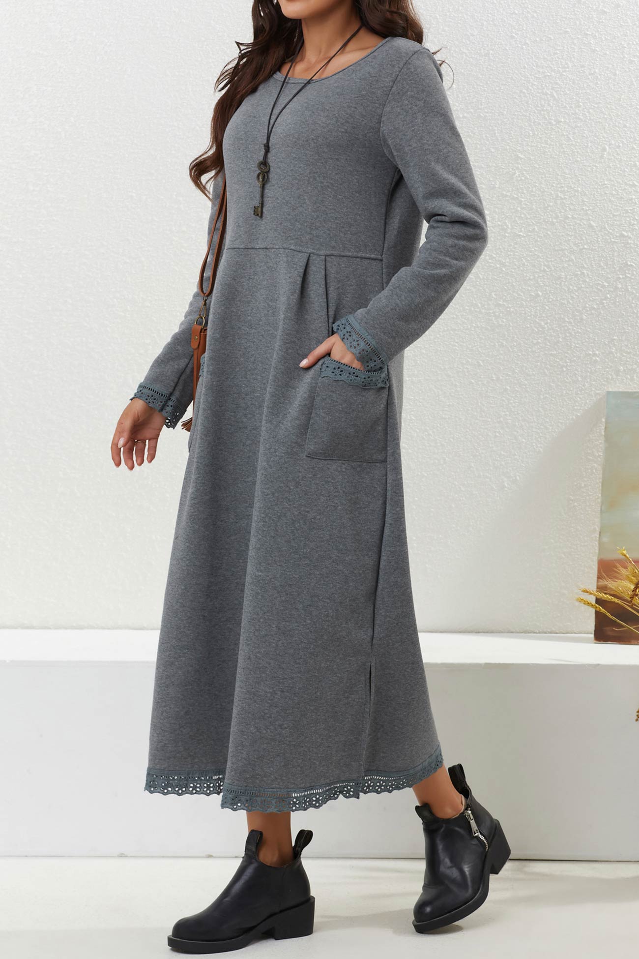 Pocketed Lacework Hem Dress