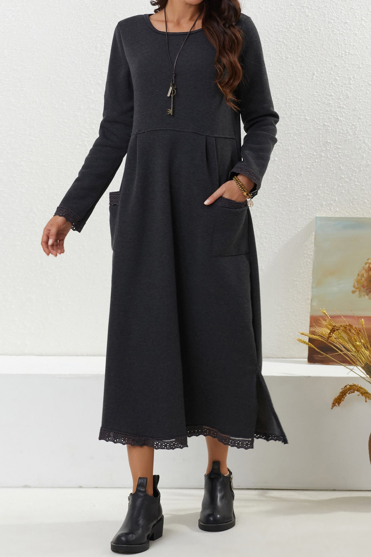 Pocketed Lacework Hem Dress