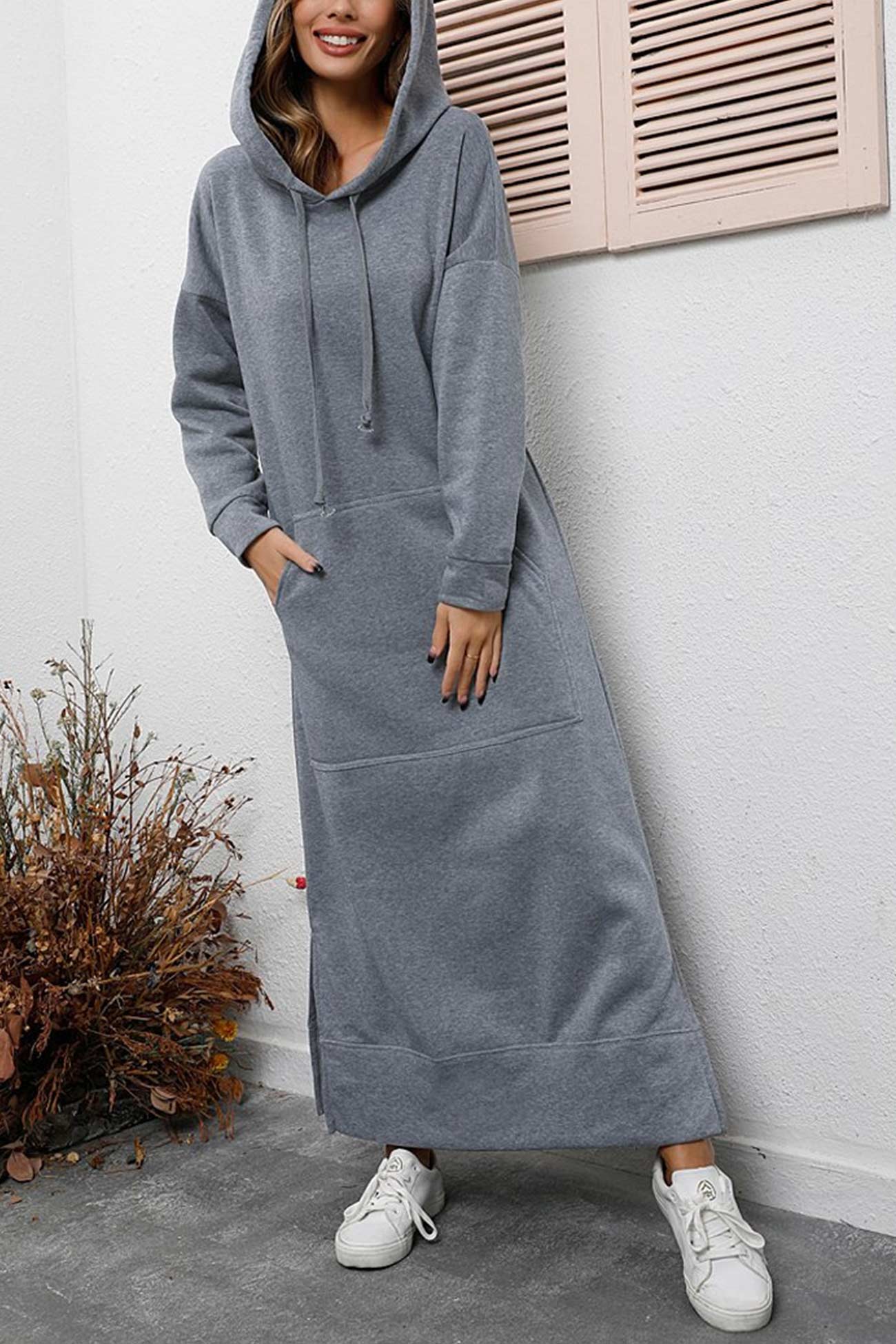 Pocketed Slit Hem Hoodie Dress