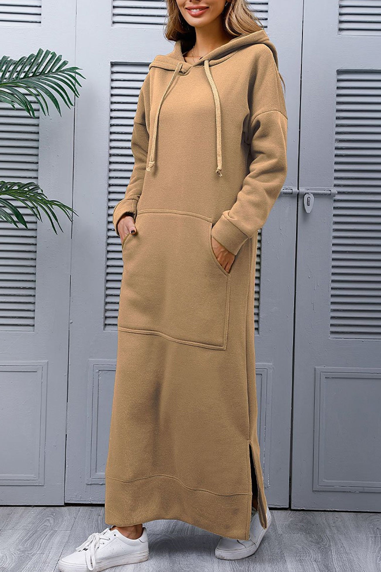 Pocketed Slit Hem Hoodie Dress