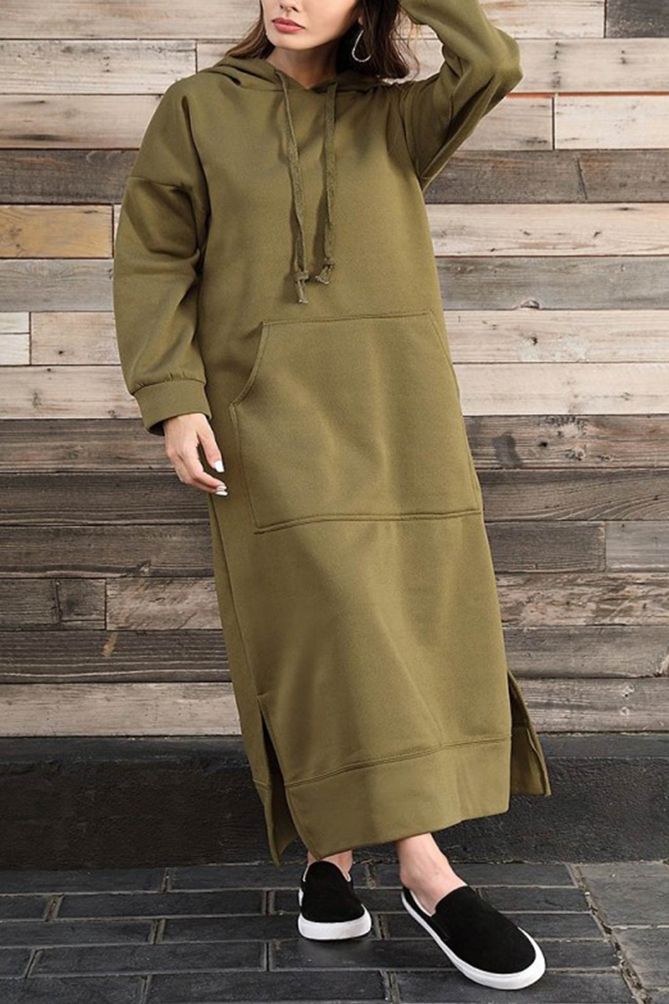 Pocketed Slit Hem Hoodie Dress