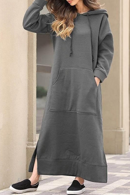 Pocketed Slit Hem Hoodie Dress