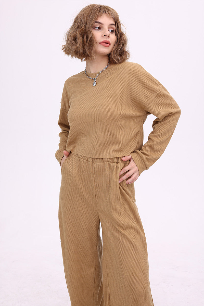 Waffle Pullover Top & Knit Wide Pants