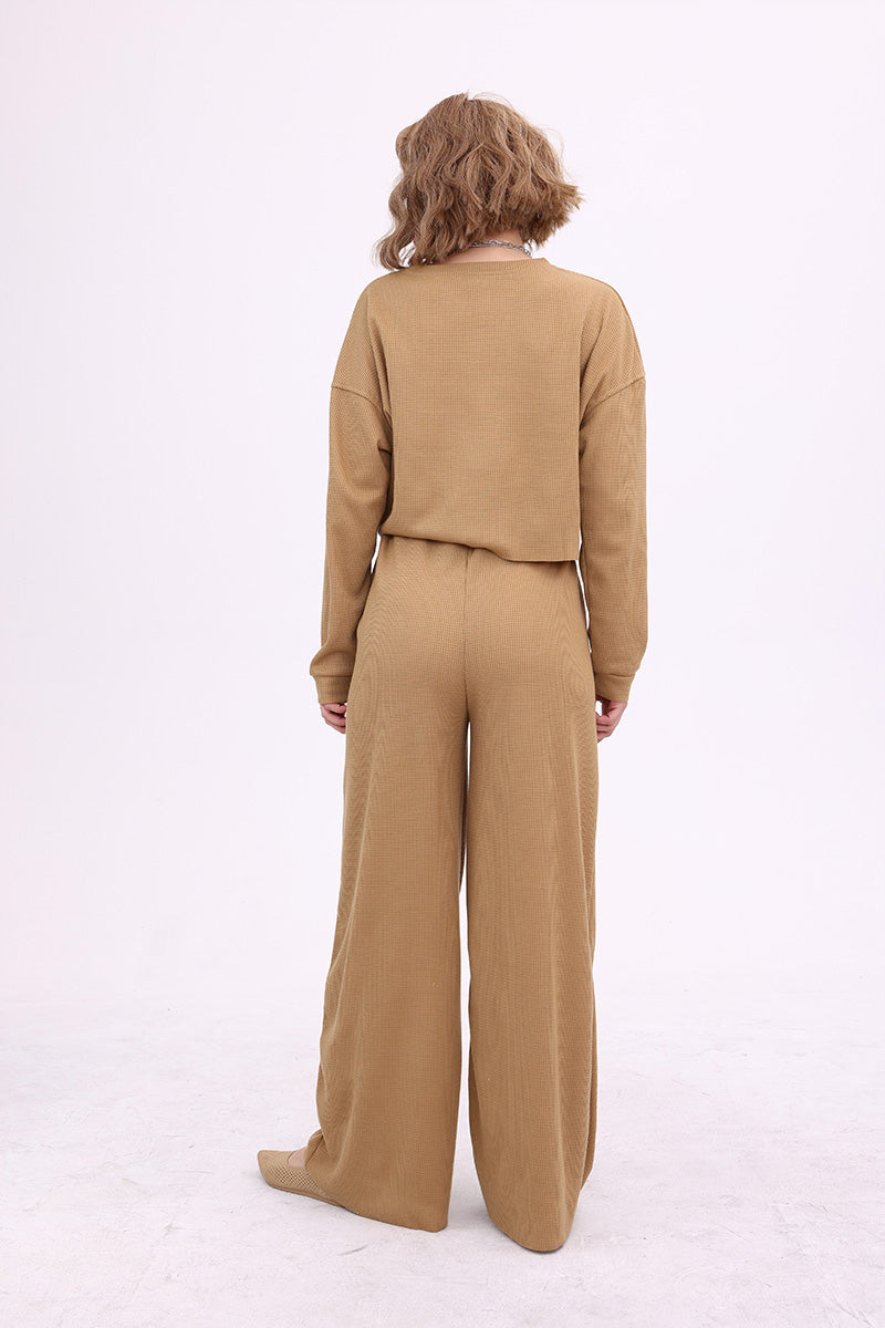 Waffle Pullover Top & Knit Wide Pants