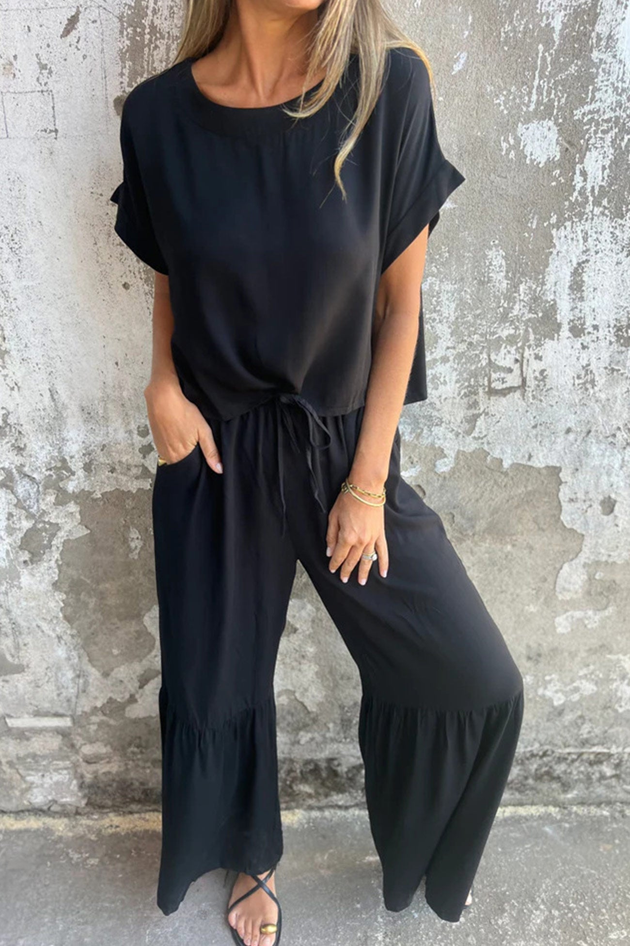 Short Sleeve Flare Pants Set