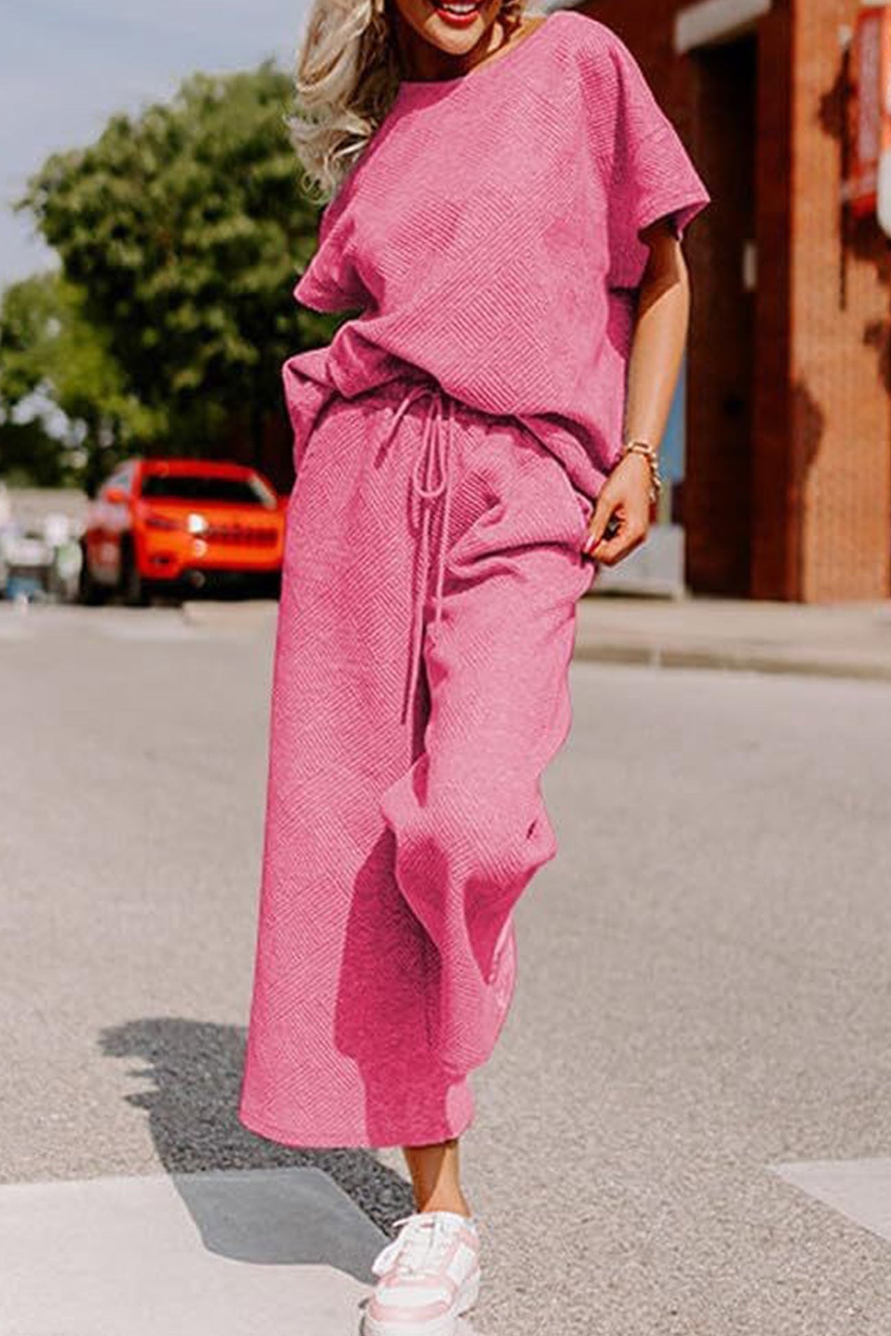 Textured T-shirt Long Pants Set
