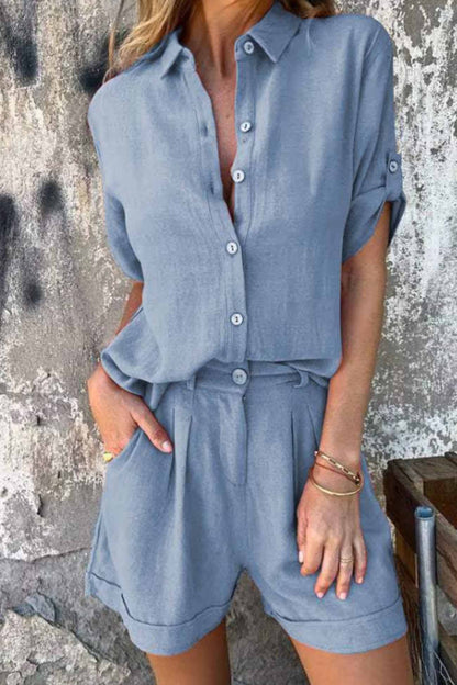 Color Button Down Half Sleeve Shorts Set