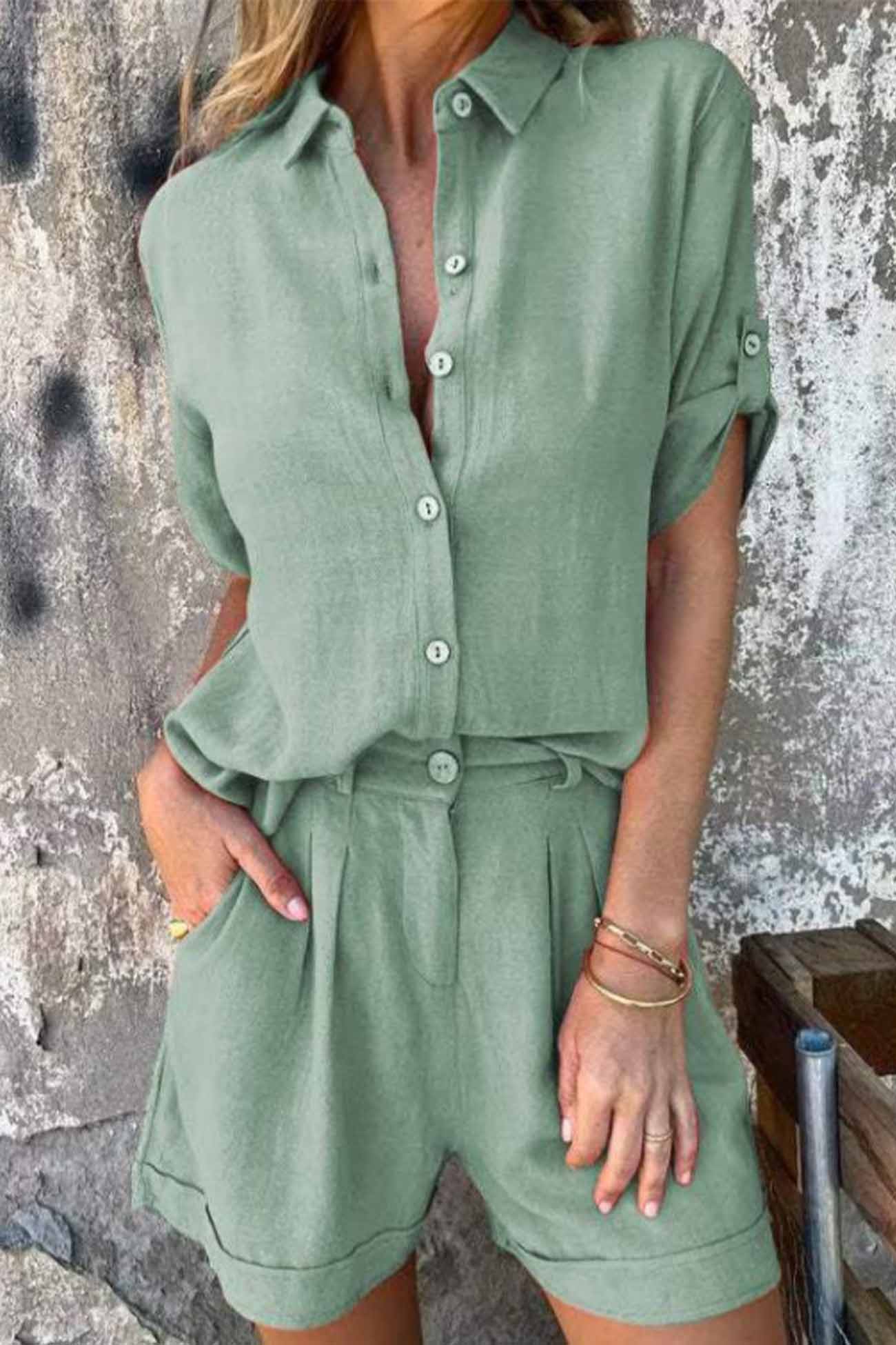 Color Button Down Half Sleeve Shorts Set