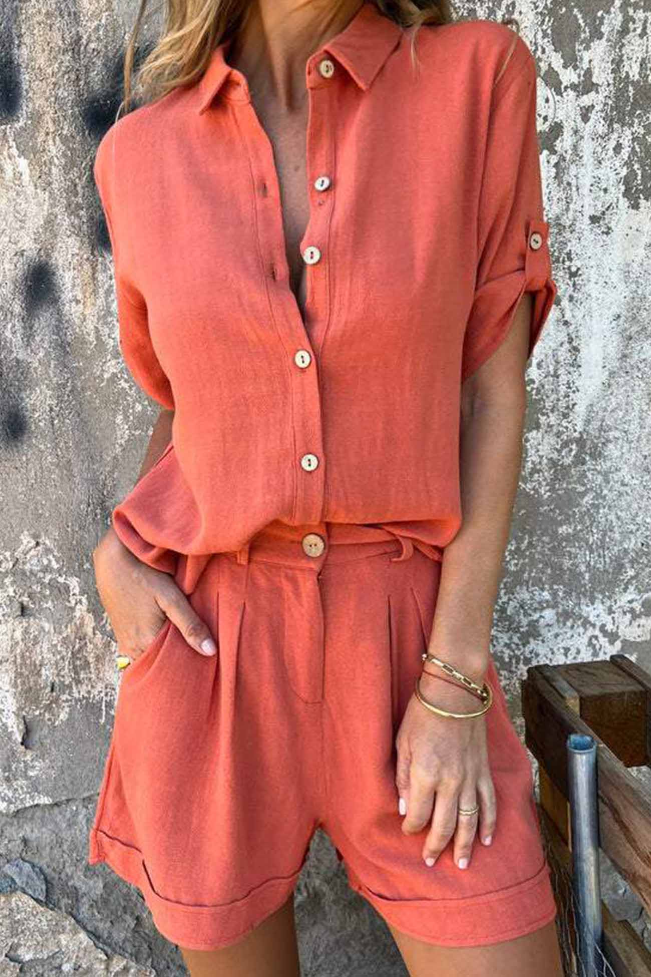 Color Button Down Half Sleeve Shorts Set
