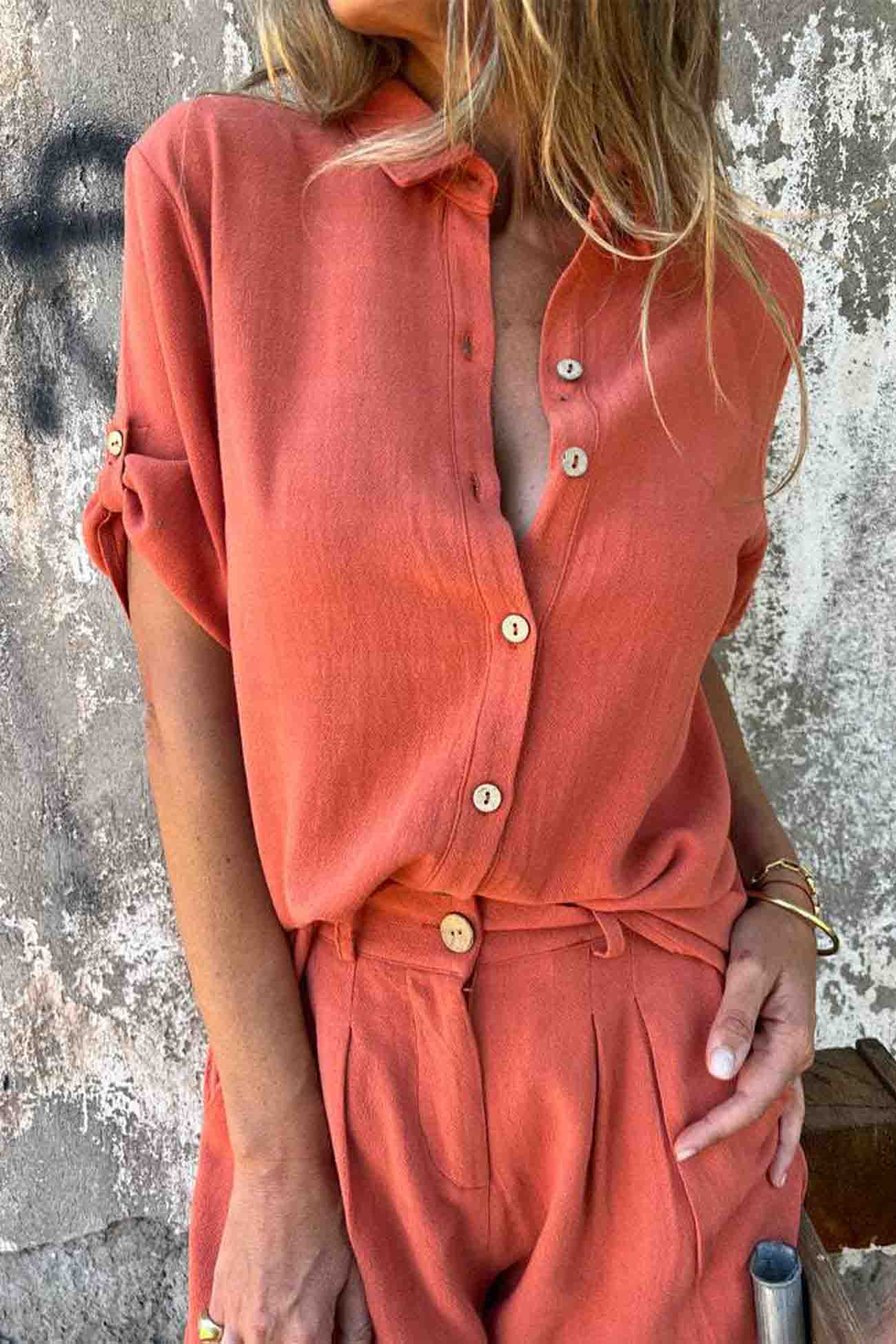 Color Button Down Half Sleeve Shorts Set