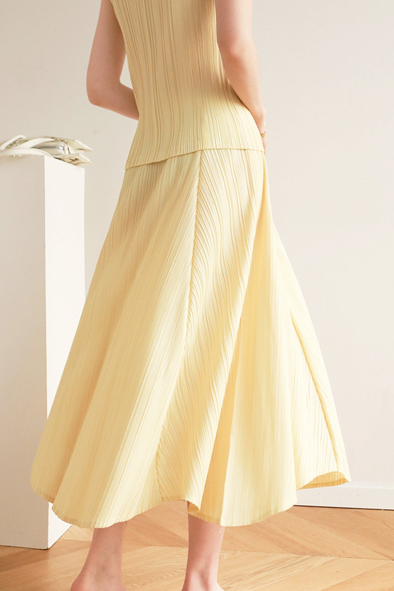 Color Full Pleated High Waist Skirt