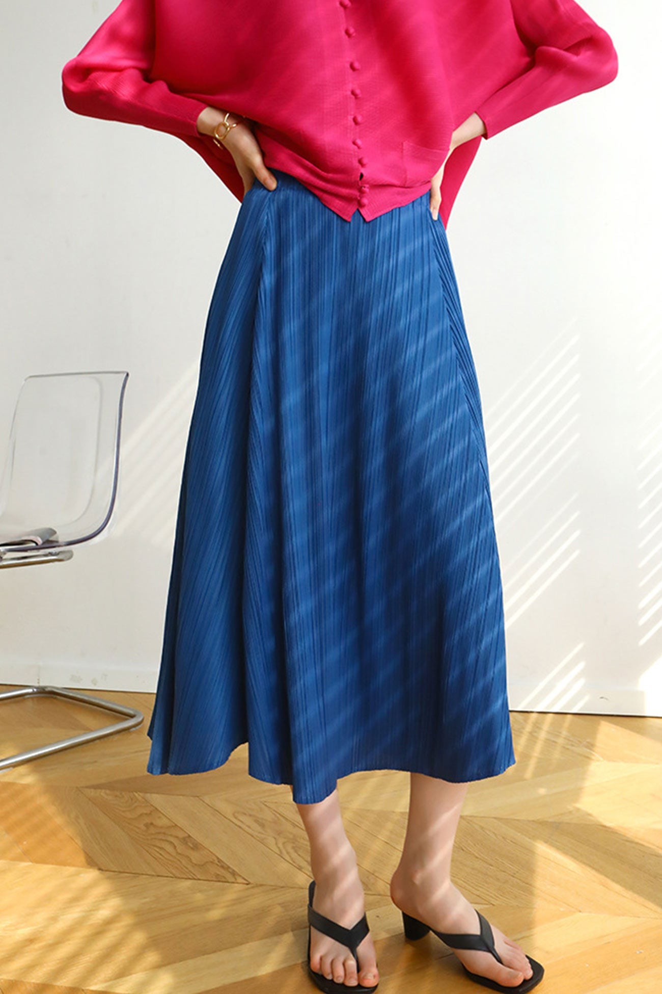 Color Full Pleated High Waist Skirt