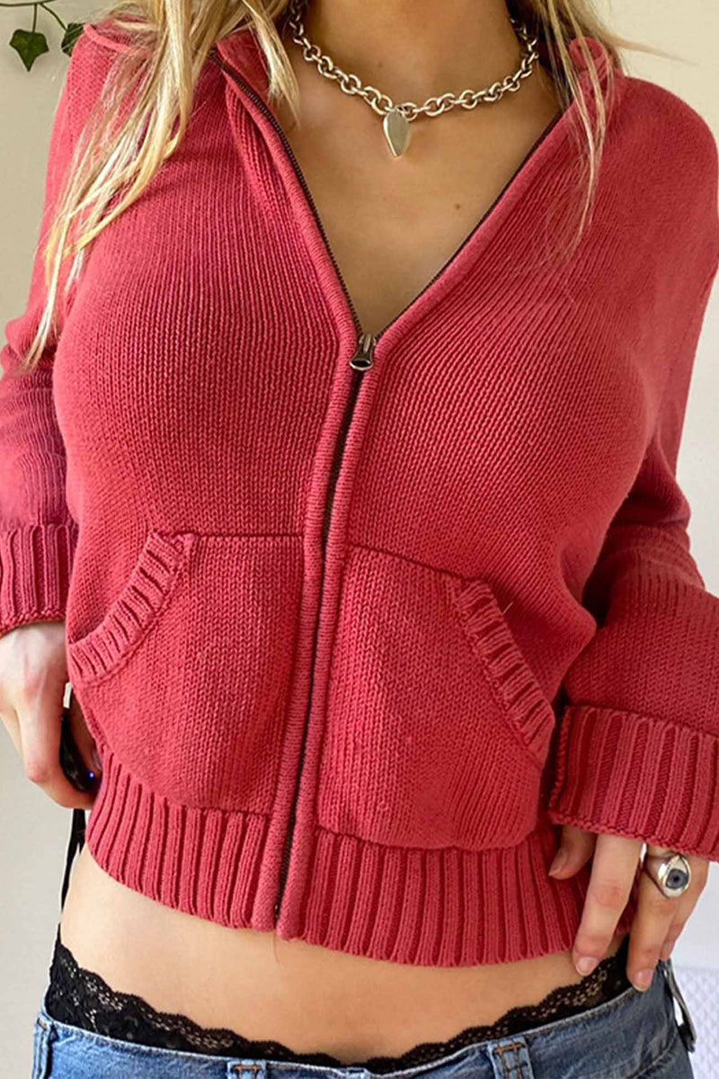 Color Hooded Pocket Zip-up Cardigan