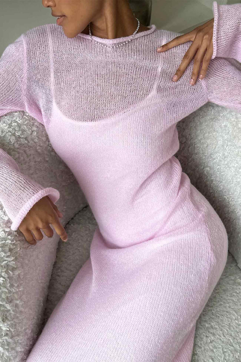 Color Knitted Semi-sheer Maxi Dress Set
