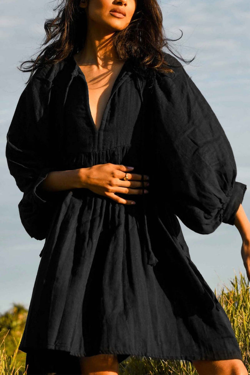 Color Lantern Sleeve V Neck Mini Dress